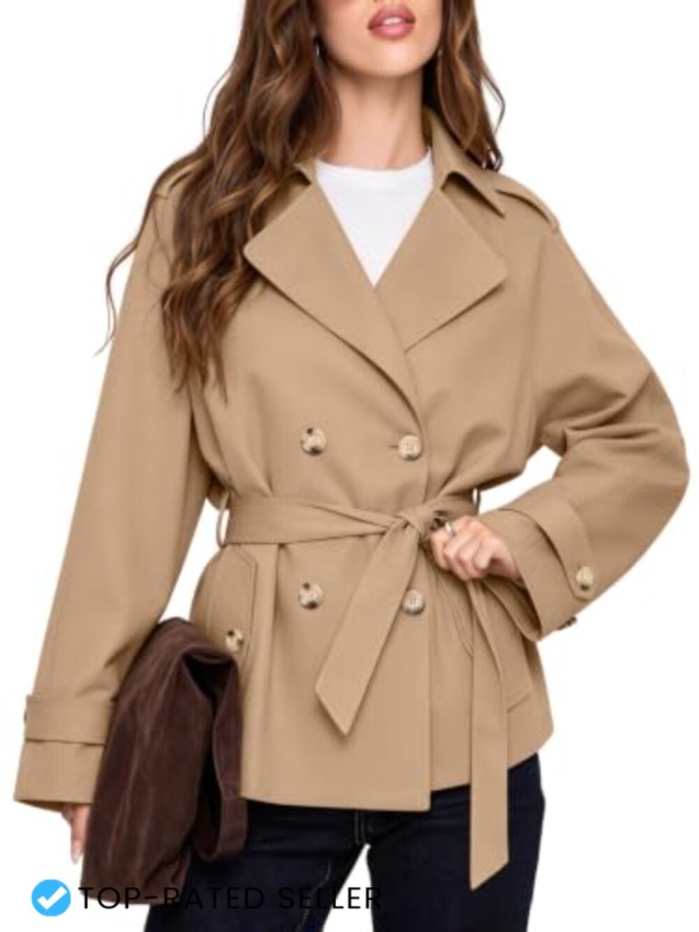 Women's Cropped Double Breasted Trench Coat Lightweight Lapel Belted